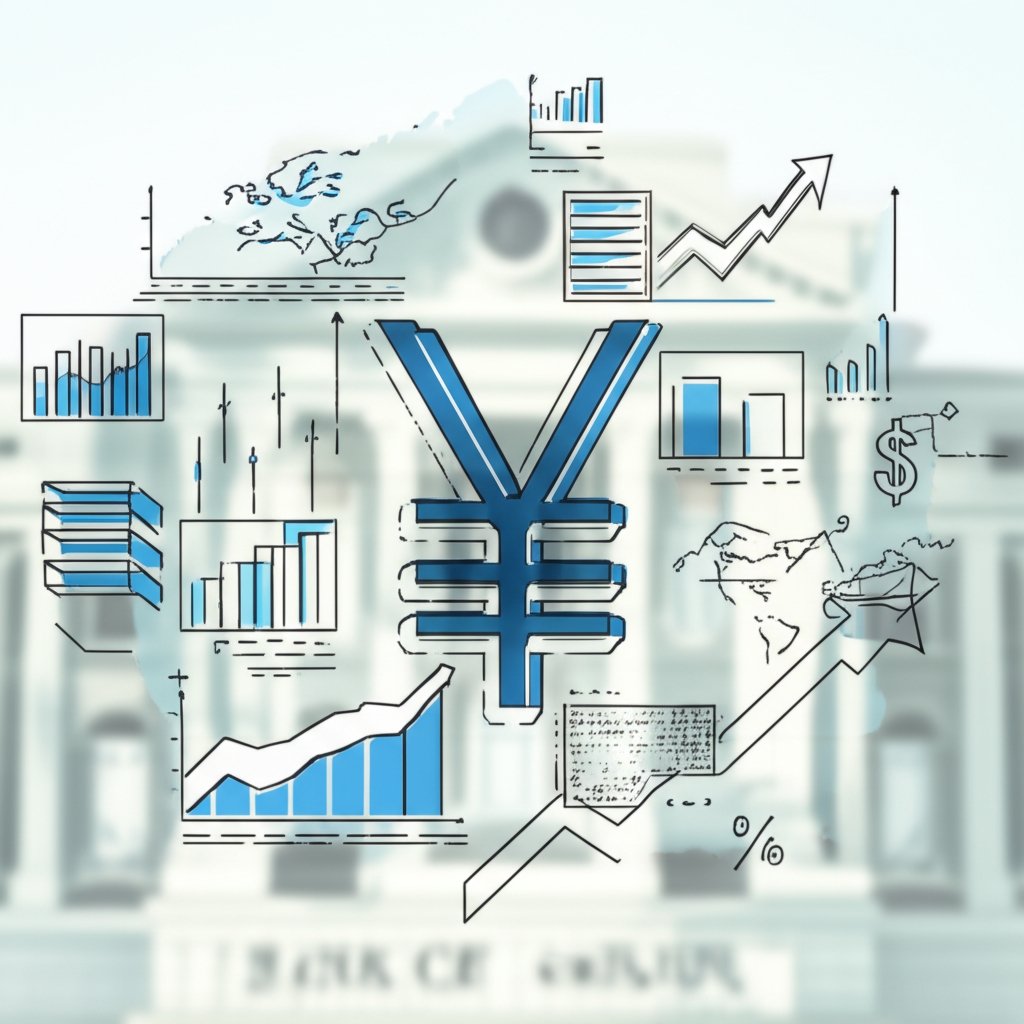 Japanese Yen in global markets with economic indicators and BoJ building