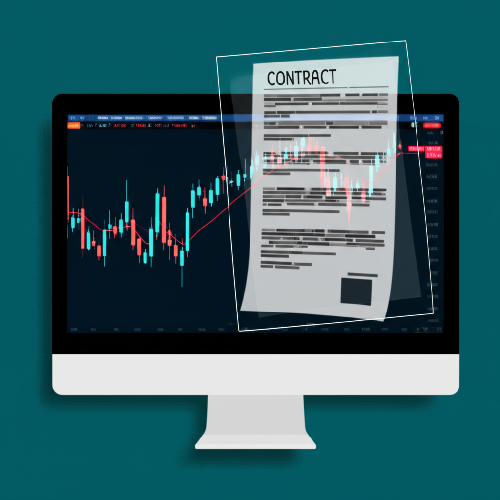 Computer screen showing crypto price chart with transparent CFD contract overlay, symbolizing real-time price tracking