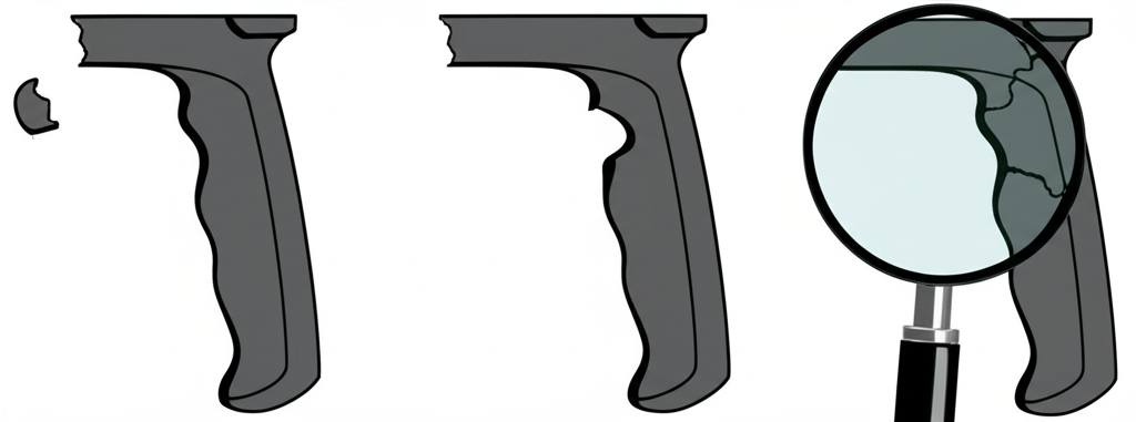 Close-up illustration of a Stanley cup handle showing snapped, loose, and cracked damage types with magnifying glass detail