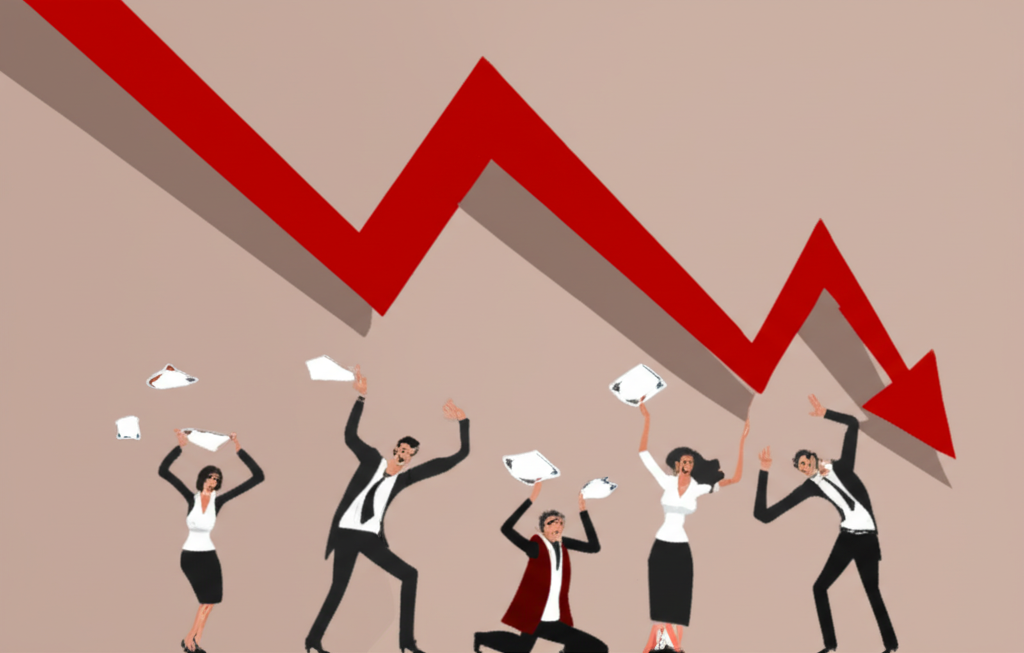 Illustration of a market sell-off, with a stock chart showing a sharp decline and panicked investors liquidating assets, symbolizing the ultimate market capitulation event, illustration style