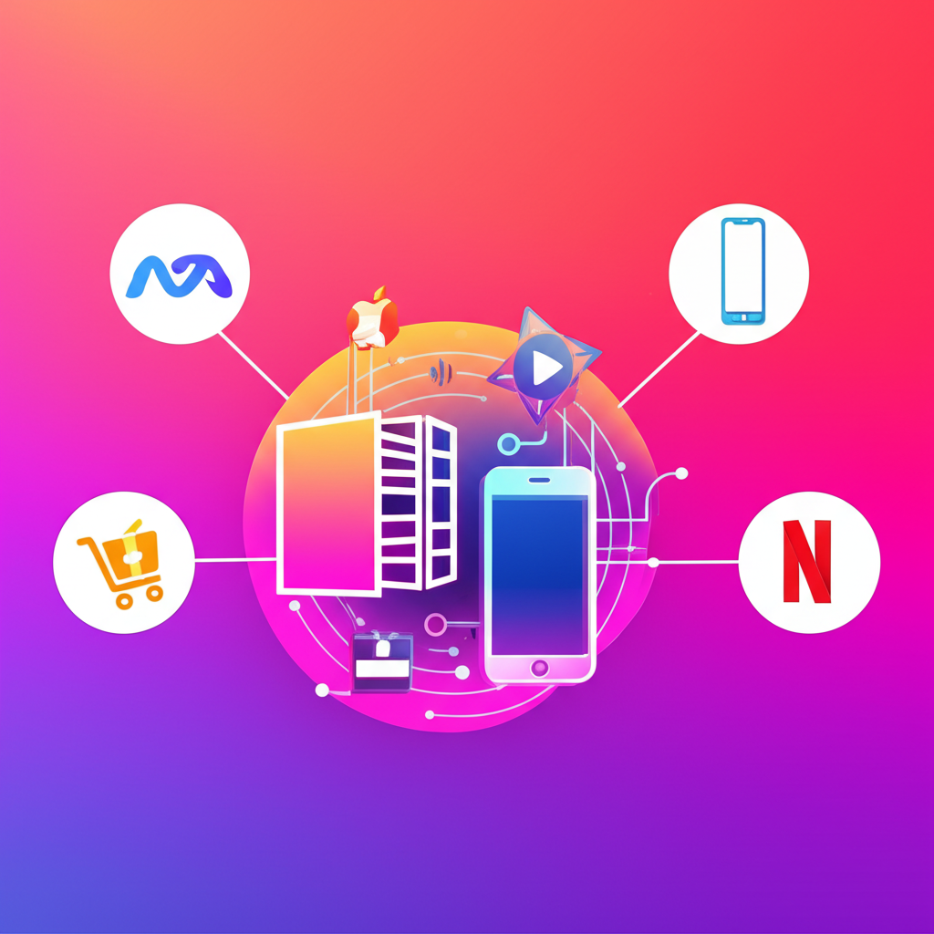 Illustration depicting distinct icons for each FAANG company: Meta's metaverse, Amazon's e-commerce, Apple's sleek devices, Netflix's streaming, and Google's search bar, all connected in a vibrant digital ecosystem.