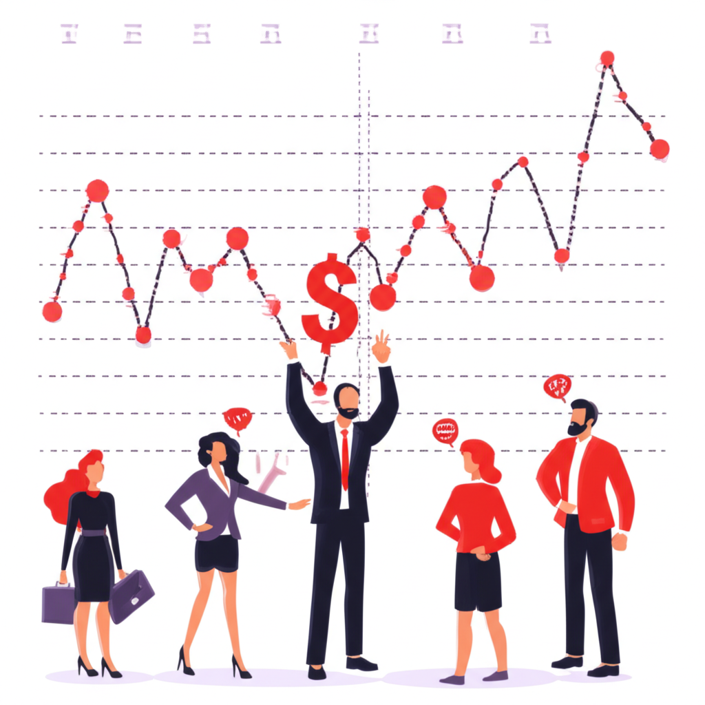 Illustration of investors looking at a large Tesla stock chart, with lines splitting, representing the discussions and questions around stock splits and investment timing, in a modern, clean illustration style