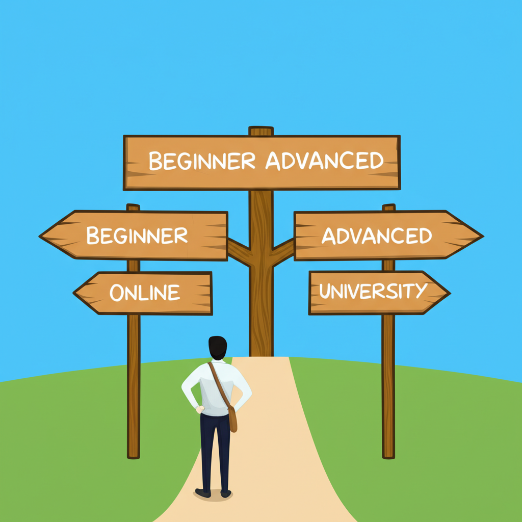 Illustration of a branching path with signs pointing to 'Begin grinding,' 'Advanced,' 'Online,' and 'University' courses, with a person choosing their direction.