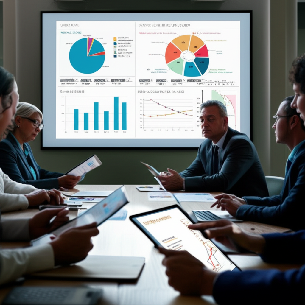 Illustration of FOMC members reviewing economic data and voting on interest rate changes