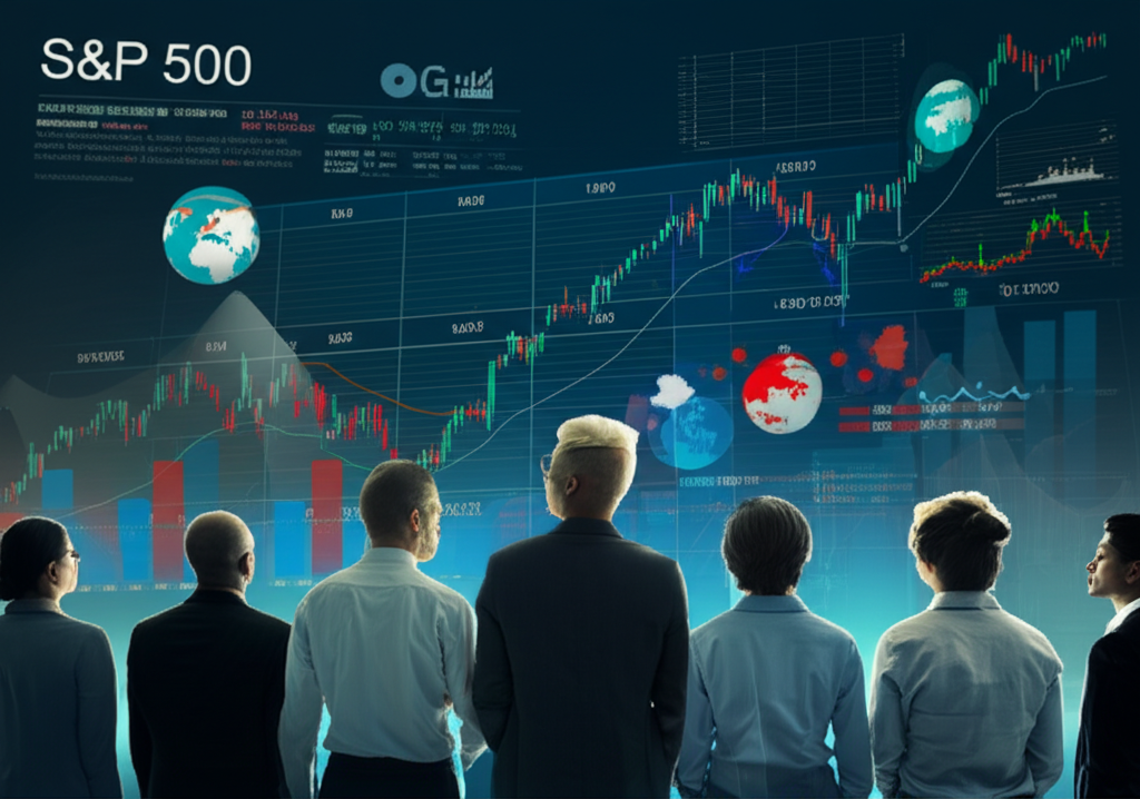 Diverse investors analyzing a volatile S&P 500 chart with economic and geopolitical factors influencing market uncertainty