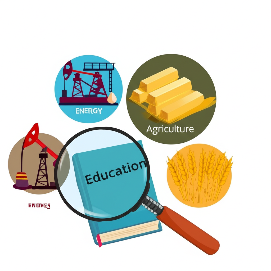 Illustration showing different categories of commodities (energy, metals, agriculture) neatly organized, with a magnifying glass highlighting a textbook labeled 'Education' next to them, emphasizing learning.