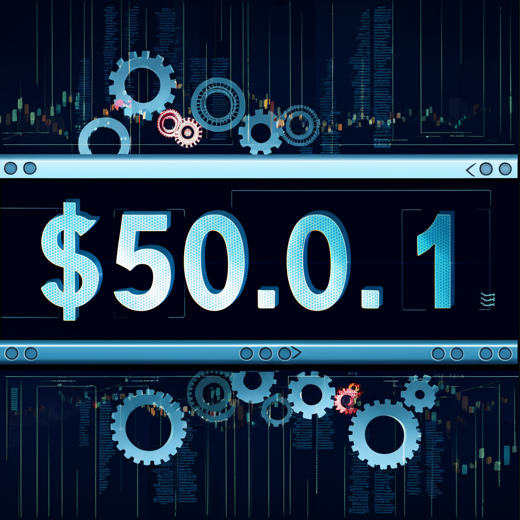 Illustration of a stock ticker showing price moving from $50.00 to $50.01, highlighting the $0.01 tick increment with background elements of gears and digital markets