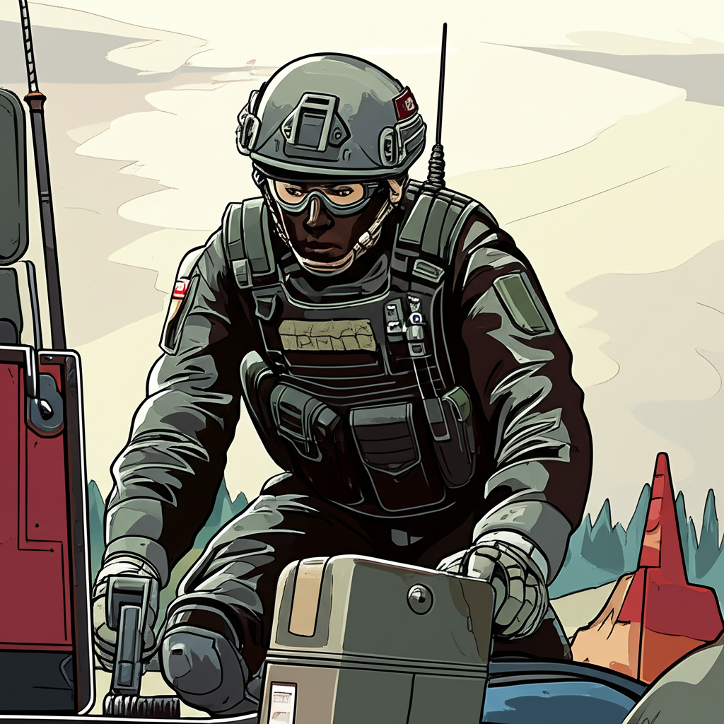 Illustration showing three distinct scenes: an Army EOD technician on land, a Navy EOD diver underwater, and an Air Force EOD specialist on an airfield, representing branch-specific bomb disposal operations