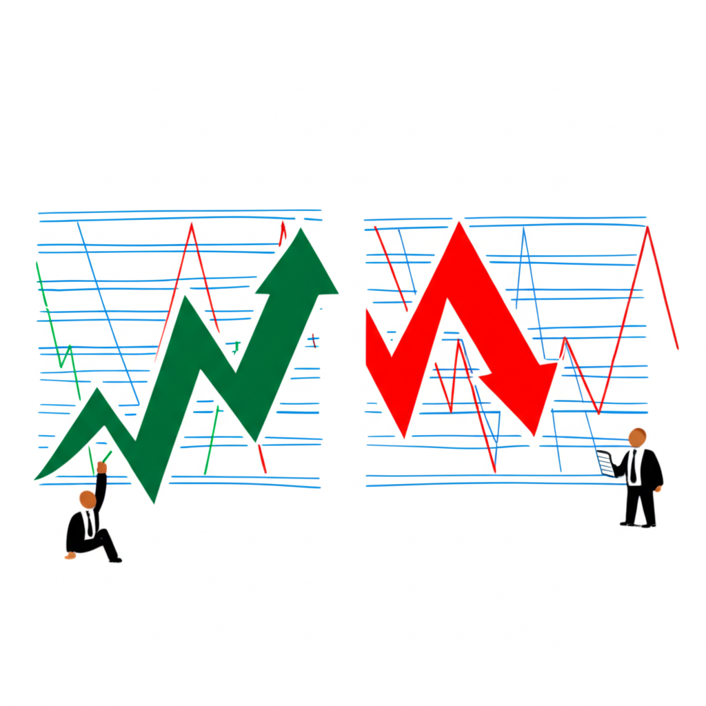 Illustration contrasting two traders: one with a bullish outlook (upward arrow, green, buying) and another with a bearish outlook (downward arrow, red, selling), both analyzing economic charts