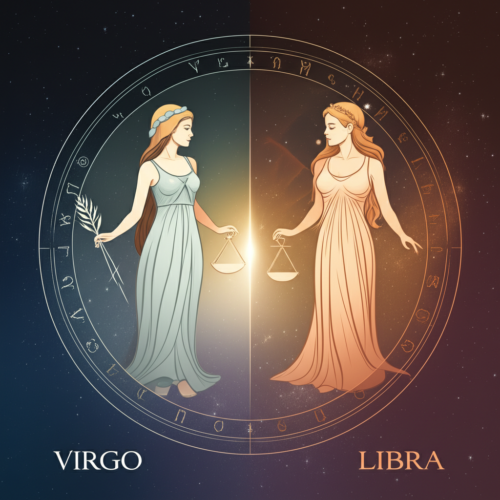 Illustration of Virgo and Libra blending at a celestial boundary, symbolizing the September Cusp's duality and energetic overlap
