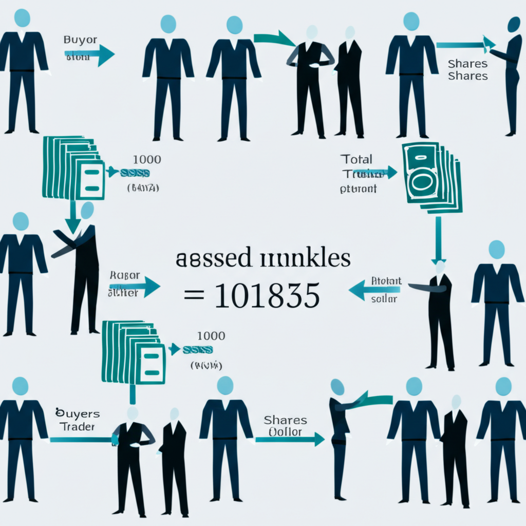 Illustration of buyers and sellers exchanging shares with numerical example of market activity and liquidity