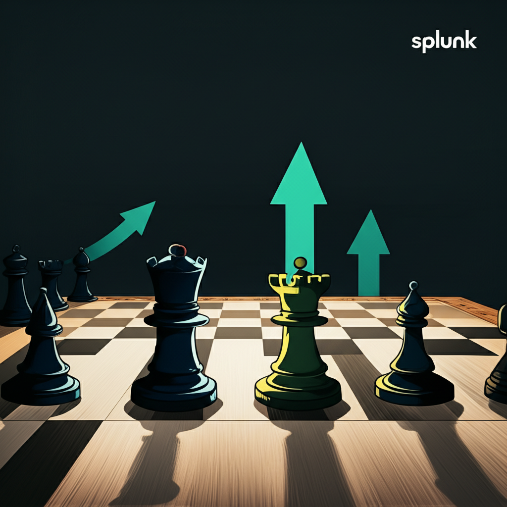 Illustration of a strategic chessboard with Cisco and Splunk pieces, showing a calculated move towards a software-centric, data-driven enterprise, with growth arrows, in a strategic illustration style.