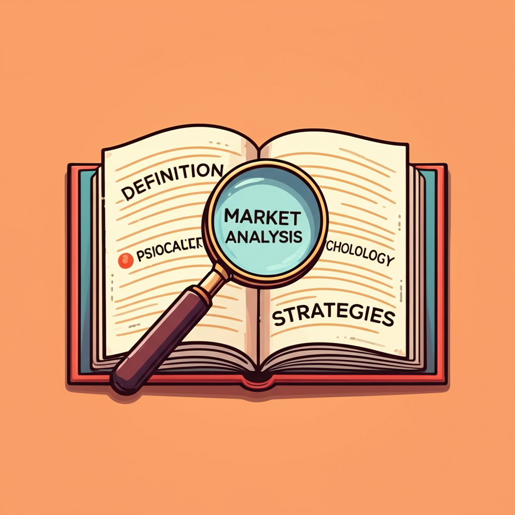 Illustration of a comprehensive guide, with an open book and magnifying glass, highlighting key concepts like definition, psychology, characteristics, and strategies for market analysis, illustration style