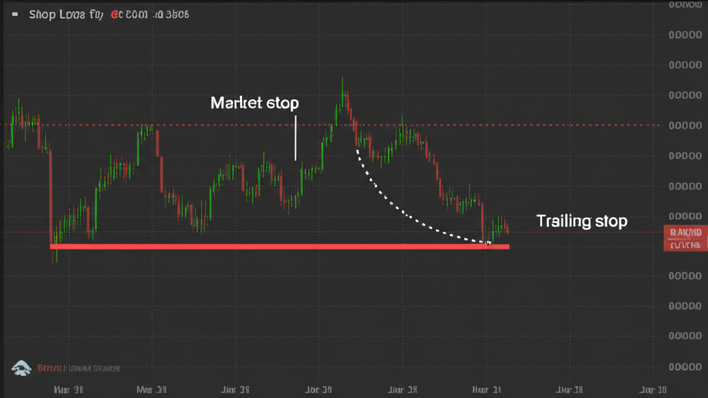 Illustration showing different stop loss types: a standard market stop, a guaranteed stop with a firm line, and a trailing stop dynamically moving with price on a forex chart