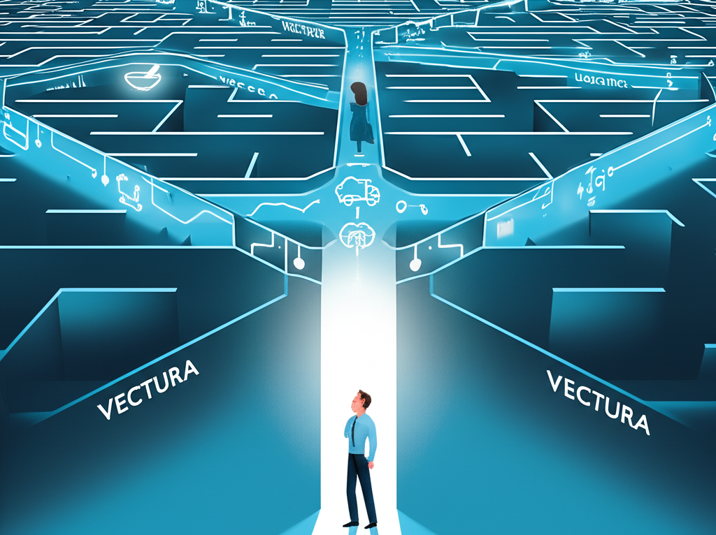 Illustration of a person standing at a complex digital maze with multiple paths labeled 'Vectura' leading to different industry icons