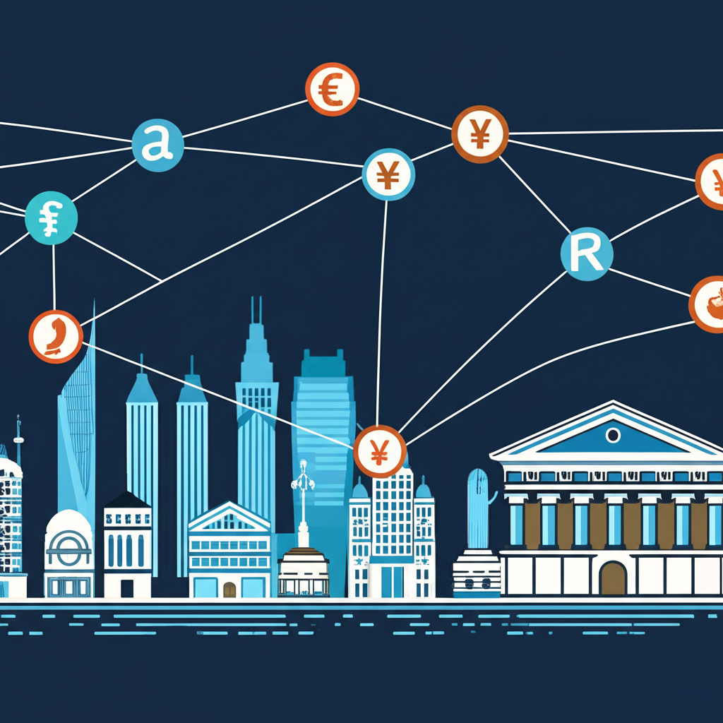 Illustration of a global network of currencies flowing between major financial centers, representing the 24/5 decentralized foreign exchange market facilitating international trade and investment