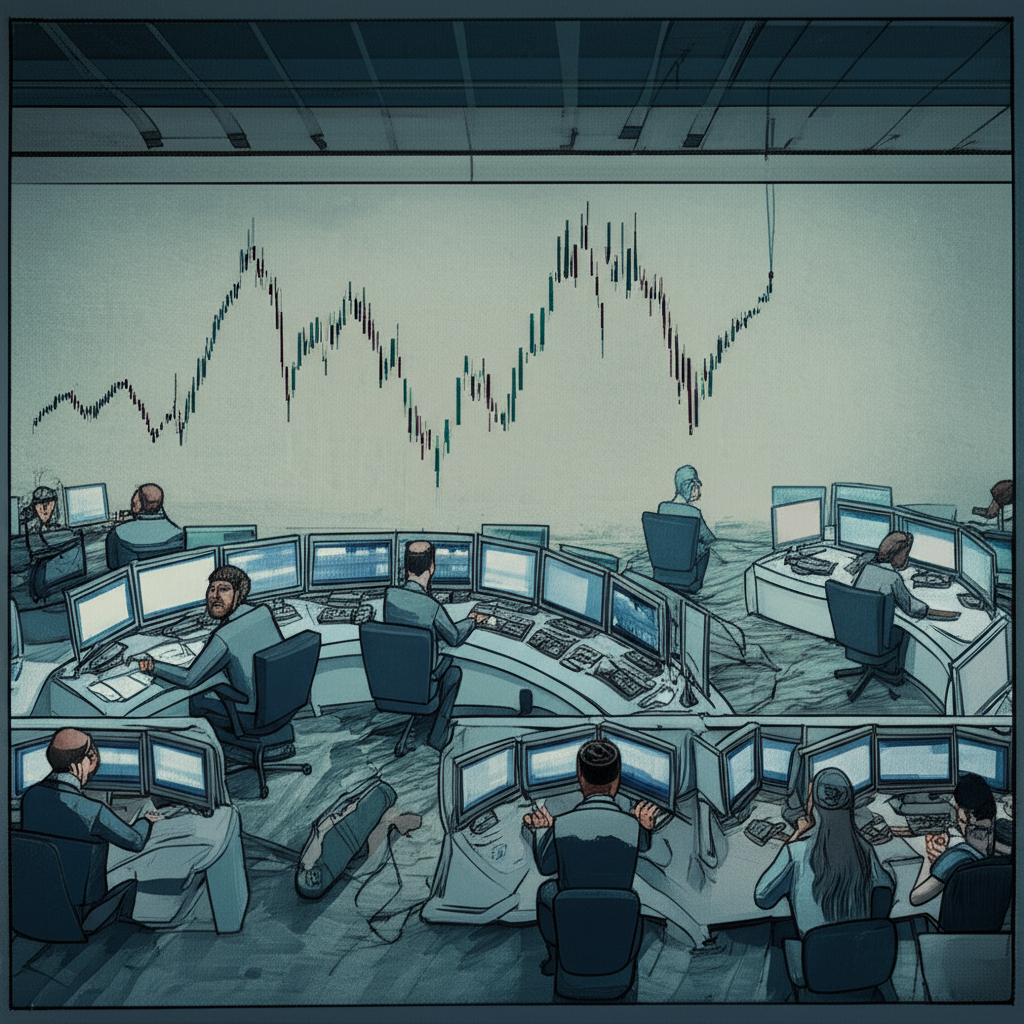 Illustration of a quiet, almost empty financial market with very few traders and a single, lonely candlestick chart showing erratic price movements, symbolizing low trading volume and high volatility.