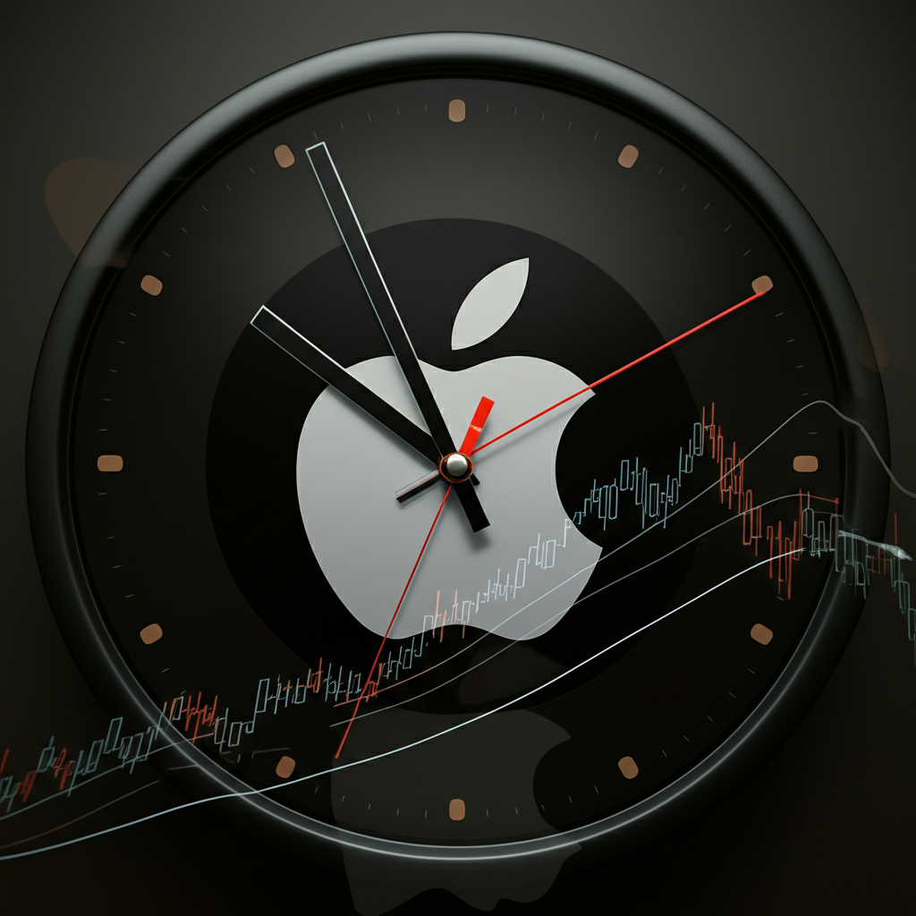 Stylized illustration of early morning clock with stock charts and Apple logos representing premarket trading