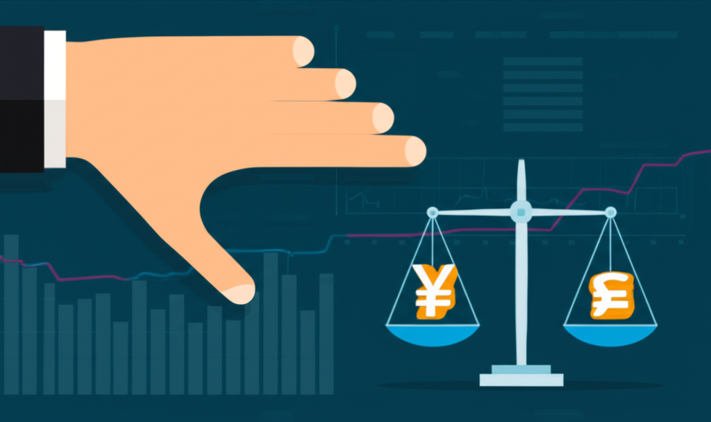 Illustration of two currencies on a digital scale with one weakening against the other, showing a trader making a sell gesture and market trends