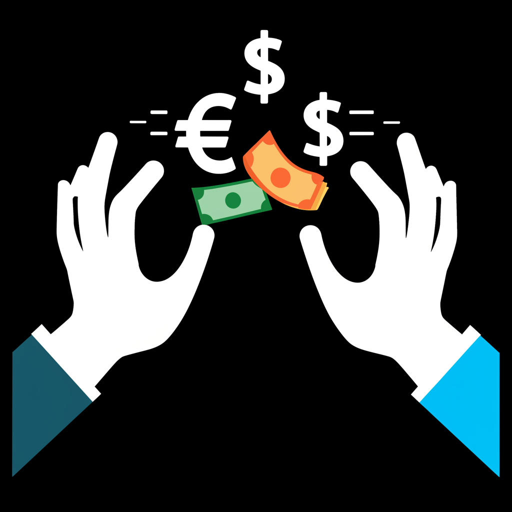Illustration showing hands exchanging different currency notes, with floating currency symbols like EUR and USD forming a pair, indicating the core mechanics of currency exchange