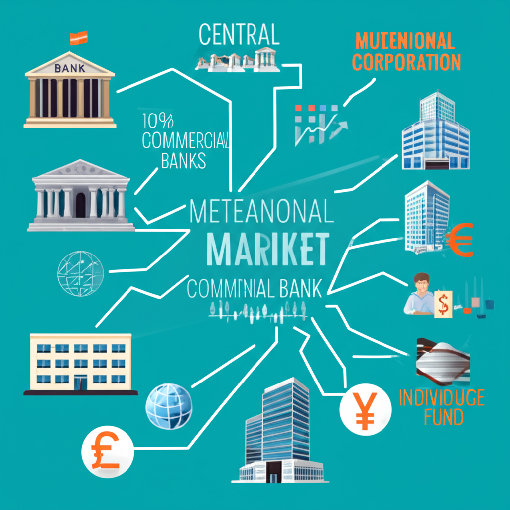 Diverse forex market participants including central banks, commercial institutions, corporations, hedge funds, and retail traders connected by currency flows