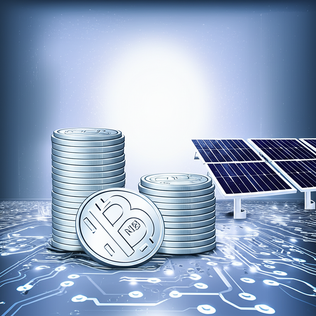 Illustration of silver's dual nature as investment and industrial commodity with coins, circuit boards, and solar panels