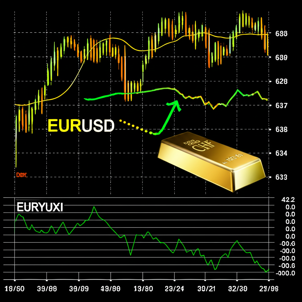 Illustration showing EURUSD and USDCHF moving inversely, DXY moving in tandem with USDCHF, and a gold bar with a CHF symbol highlighting key correlations