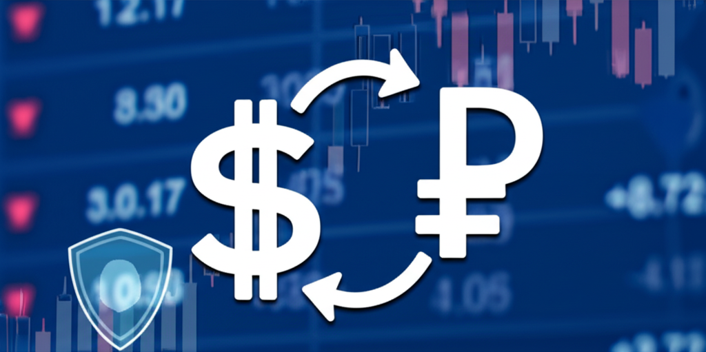 Illustration of USD and CHF currency symbols with interconnected arrows against a backdrop of global financial markets and a subtle safe-haven symbol