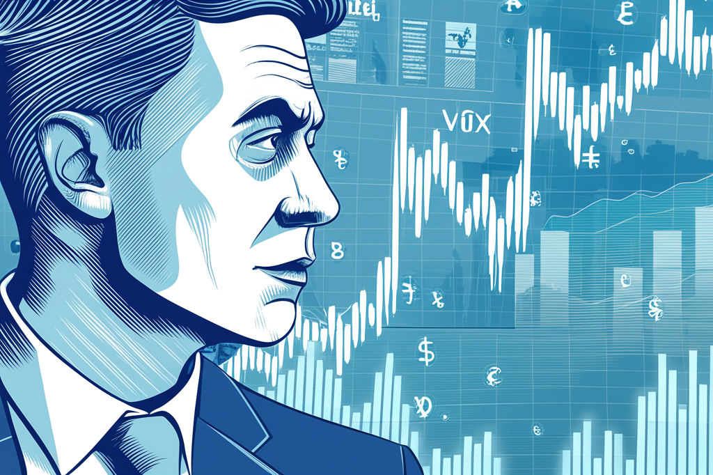 Illustration of a nervous investor looking at a fluctuating VIX chart, representing market sentiment and fear gauge, with a backdrop of global financial markets, in a calm, analytical style.