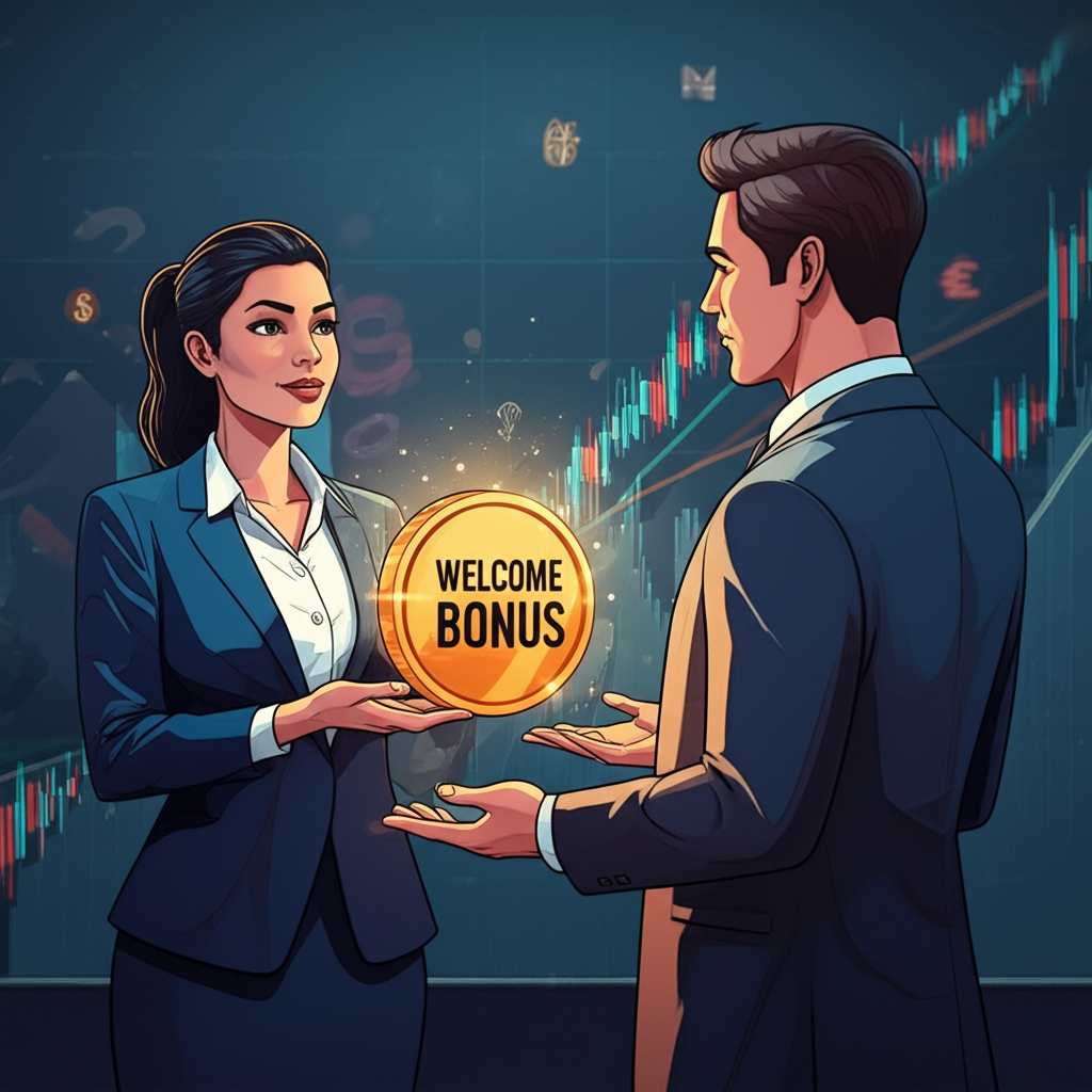 Illustration of a forex broker offering a welcome bonus to a new trader with currency symbols and charts in the background