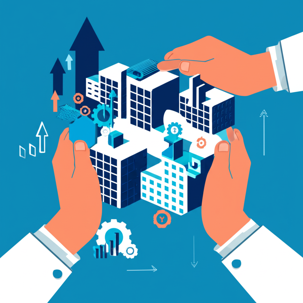 Illustration of hands constructing a connected business framework with gears and growth arrows, symbolizing structured asset management and expansion