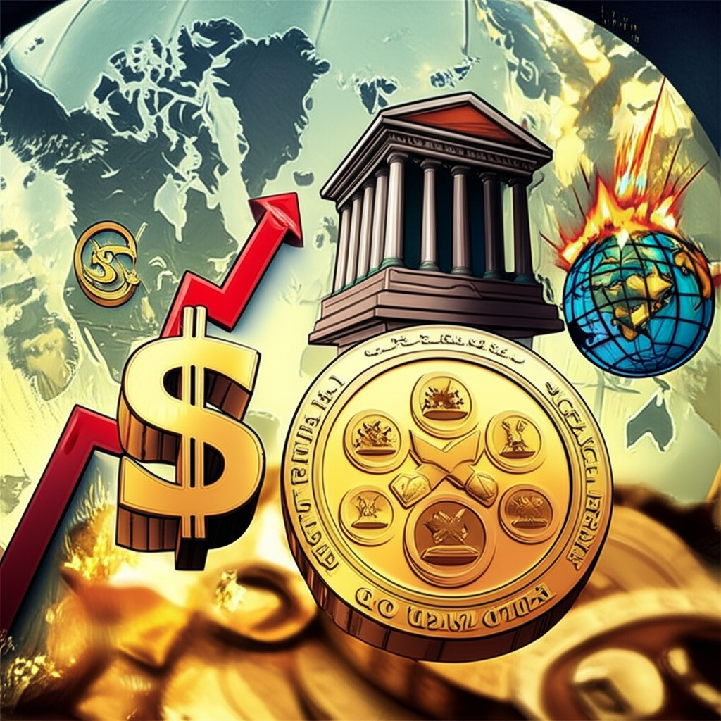 World map with interconnected economic icons influencing a gold coin, illustrating global drivers of gold prices
