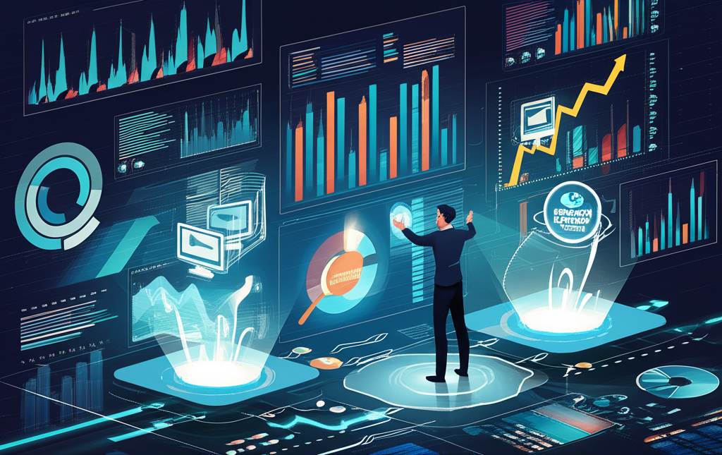 Illustration of a trader navigating a complex, dynamic market landscape with charts and graphs, successfully learning and growing with tools provided by 'active trader events' as guiding lights, emphasizing continuous education.