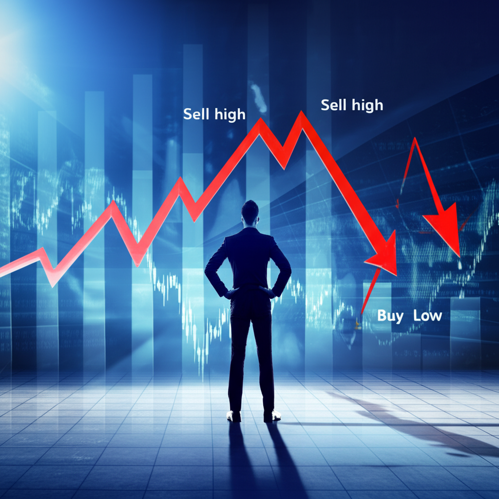 Illustration of a trader observing a declining currency chart with sell high and buy low arrows, highlighting risk and opportunity in a volatile forex market