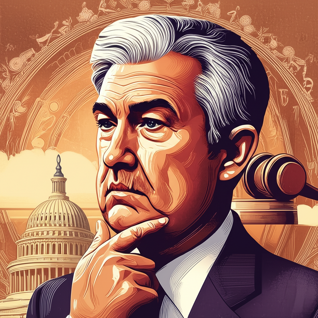 Illustration of Jerome Powell with symbols of politics and law, highlighting his non-economics academic background from Princeton and Georgetown