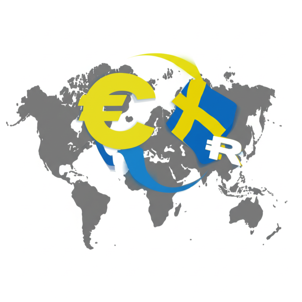 Currency exchange concept between Euro and Swedish Krona with global finance, travel, and business elements