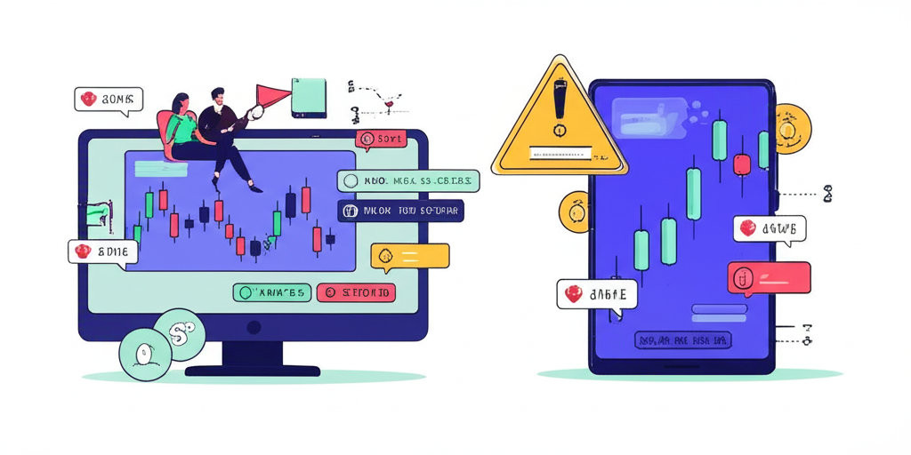 Illustration showing the dual nature of trading apps: one side with a user easily trading on a large screen, the other side showing a small phone screen with complex charts and a warning sign about over-trading, highlighting benefits and considerations