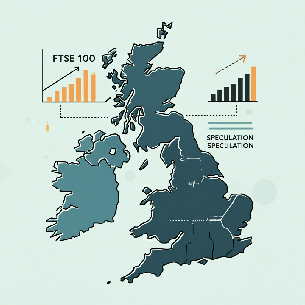 Illustration of financial contracts representing FTSE 100 futures with abstract lines connecting to a stylized UK map and growing bar charts, symbolizing hedging and speculation
