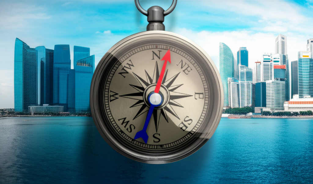 Illustration of a compass navigating a dynamic Singapore cityscape, symbolizing strategic investment decisions and market navigation
