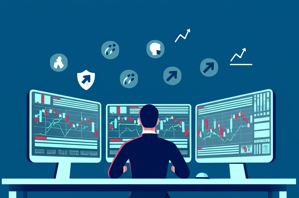 Illustration of a forex trader analyzing multiple charts with floating symbols representing risk management, diversification, and trade signals