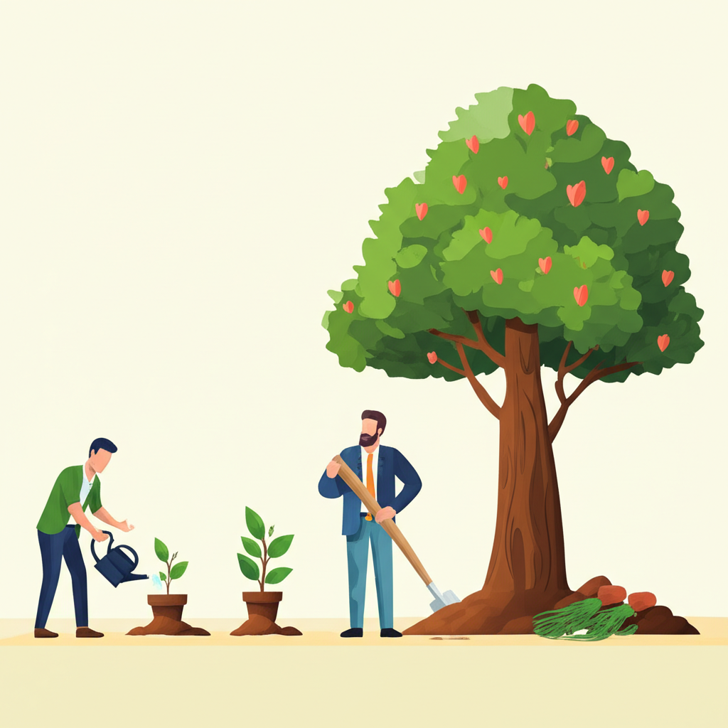 Illustration of different traders, from a beginner with a small sapling to an advanced trader with a flourishing tree, each choosing a personalized path of 'active trader events' tailored to their skill level and growth goals.