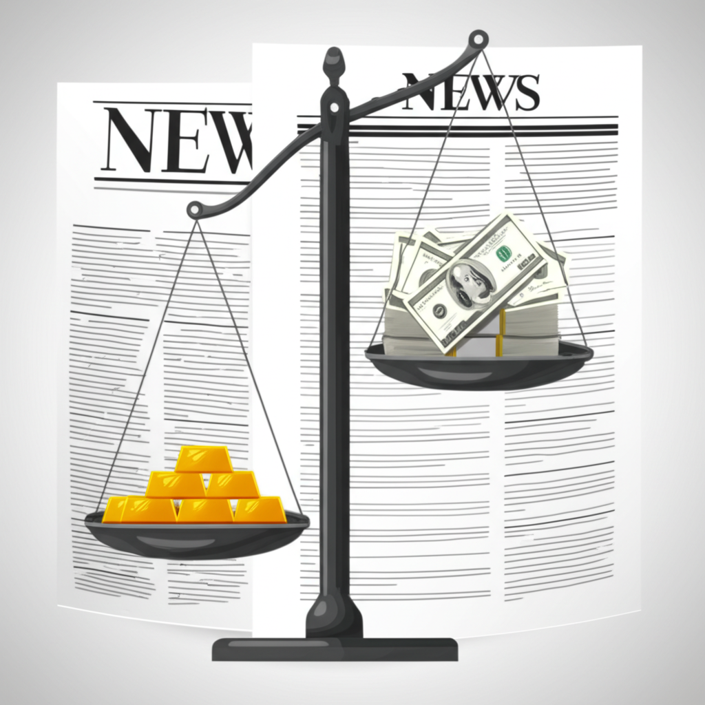 Illustration of gold bars and US dollars on a scale with news headlines in the background, symbolizing the XAUUSD exchange rate