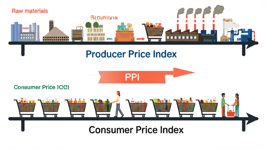 Illustration comparing PPI and CPI pipelines, with raw materials on one side and consumer shopping on the other, connected by a time lag arrow