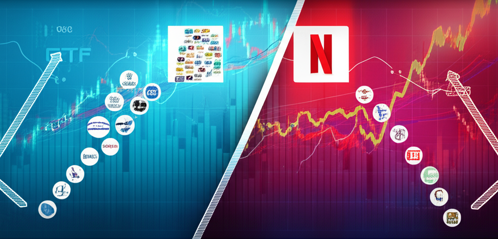 Illustration of two distinct investment paths converging, one representing a diversified ETF (QQQ) with multiple small icons of tech companies, the other a single, prominent icon of Netflix, all within a financial market landscape, vibrant colors, clean lines.