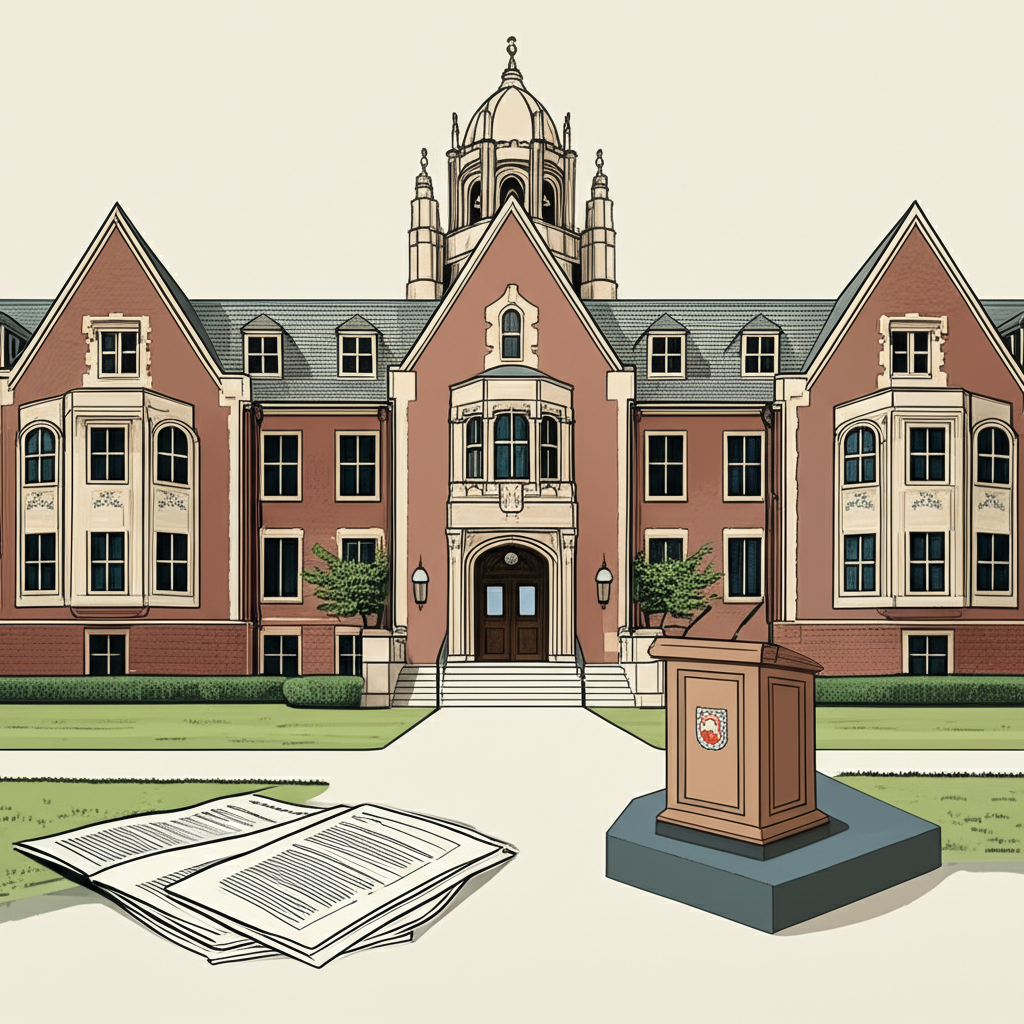Illustration of Princeton University's iconic architecture with political symbols like a debate stage and policy documents, representing Jerome Powell's studies in politics and governance