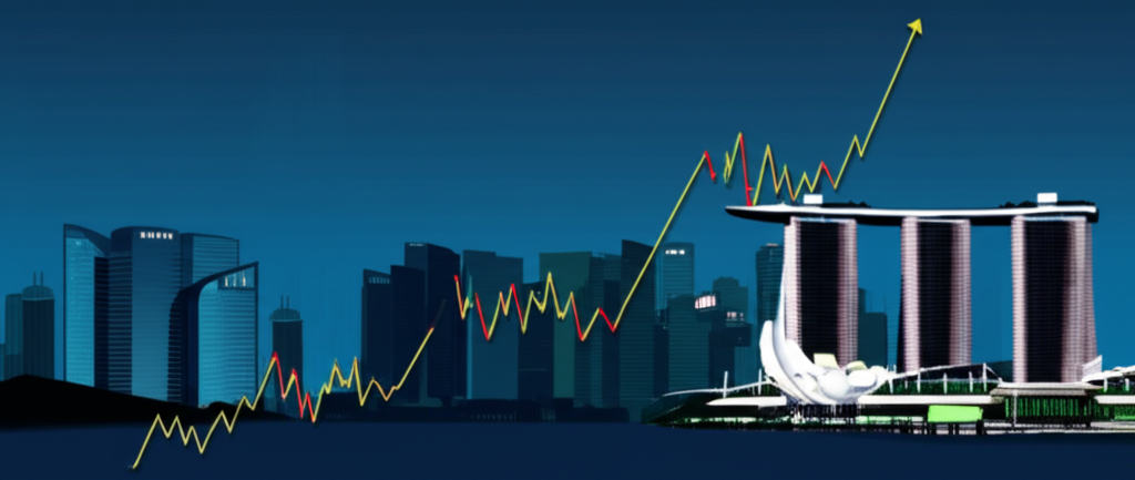 Resilient stock market graph with Marina Bay Sands skyline, representing Straits Times Index performance amid global volatility