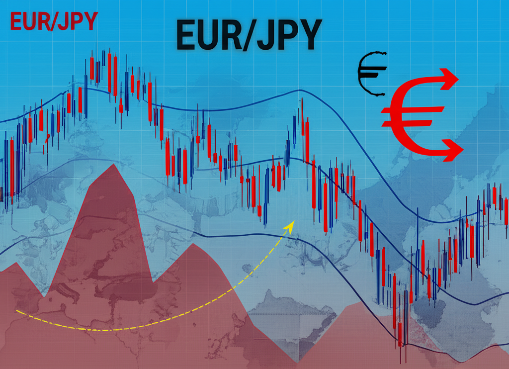 Illustration showing EUR/JPY price action with dynamic lines and arrows, influenced by economic data charts like inflation and interest rate expectations, with subtle representations of the Eurozone and Japan economies.