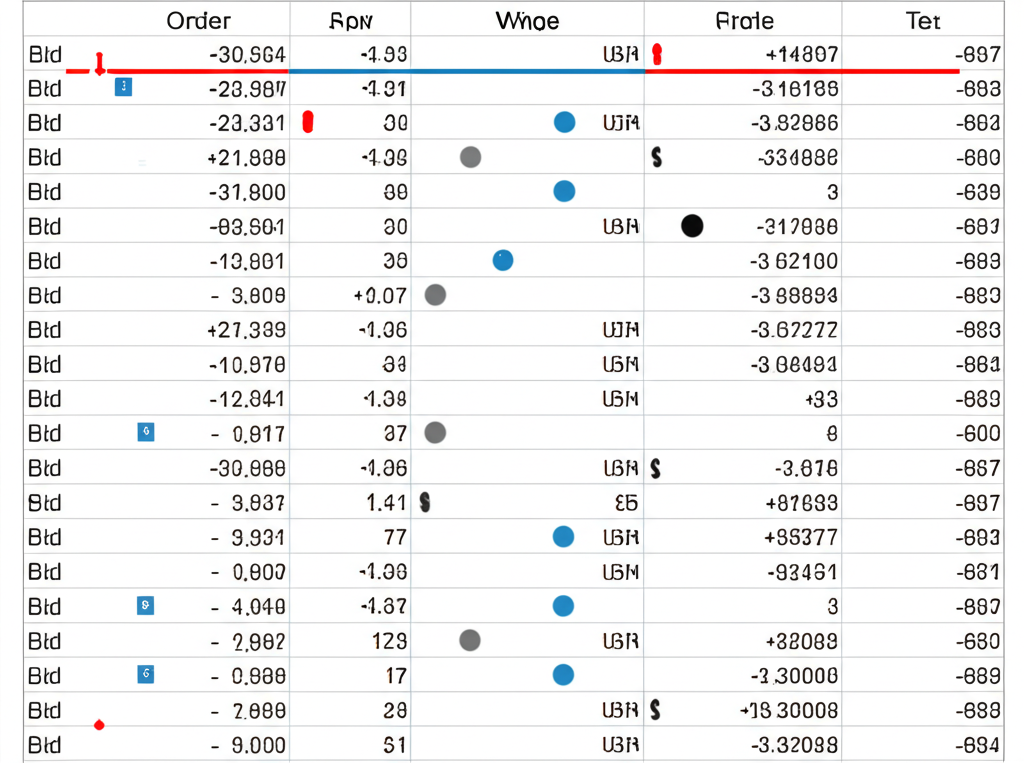 Illustration depicting a financial order book with large gaps between bid and ask prices, wide spreads, and only a few scattered orders, emphasizing low liquidity and high volatility in a thin market.