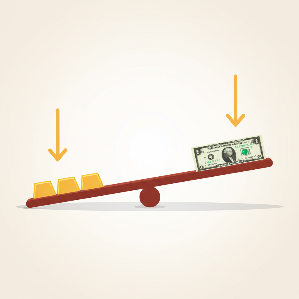 Seesaw illustration showing gold bar and US dollar moving in opposite directions, symbolizing their inverse relationship