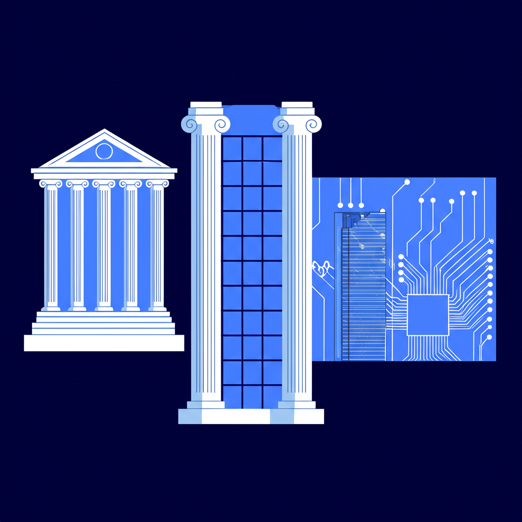 Three pillars representing Singapore's dominant banking, property, and tech sectors